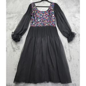 Vintage 70s JOHN CHARLES Sheer Long Sleeve Pleated Dress Size US 14 UK‎ 16 Black